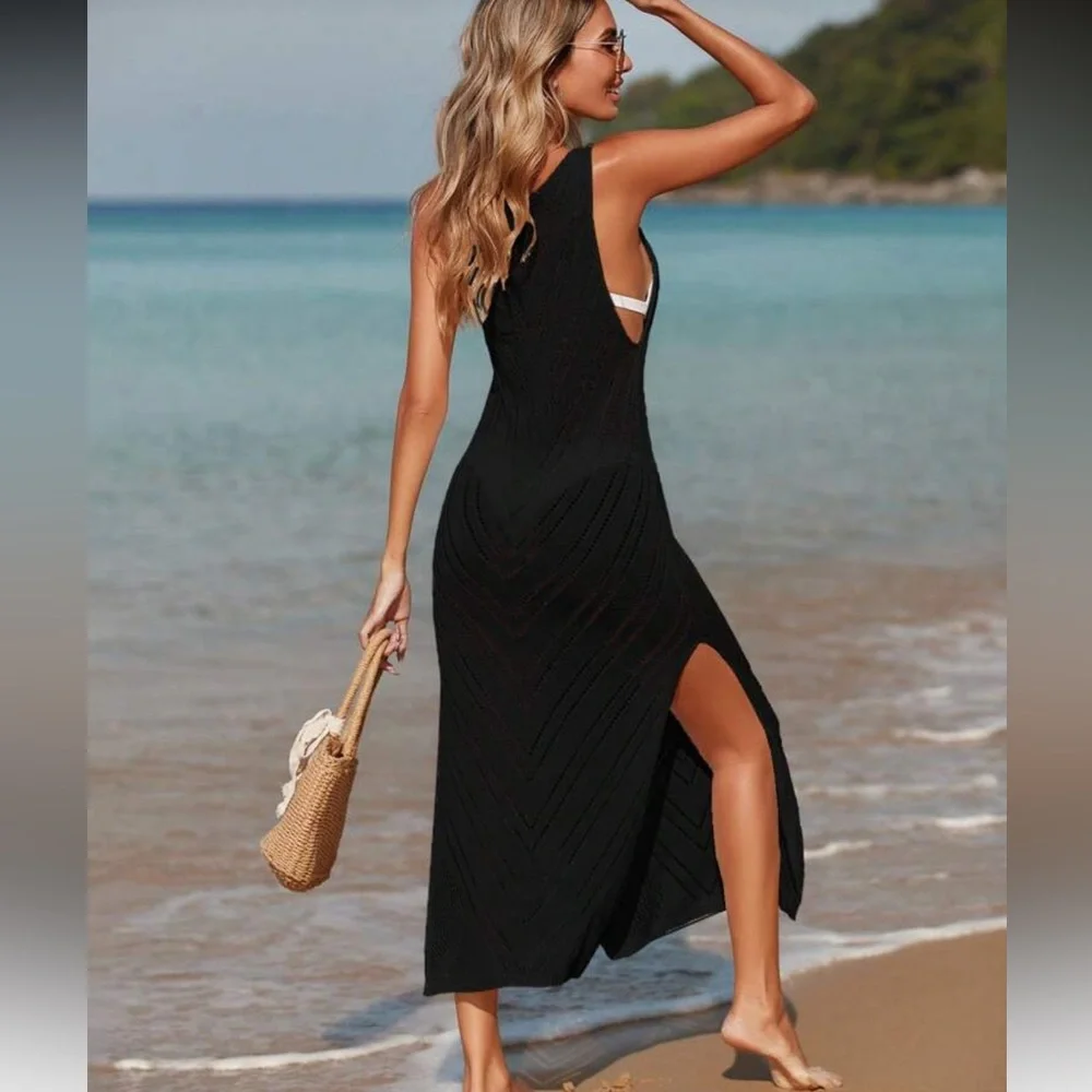 Crochet maxi dress crochet swim coverup dress sleeveless knit olive green - Picture 6 of 7